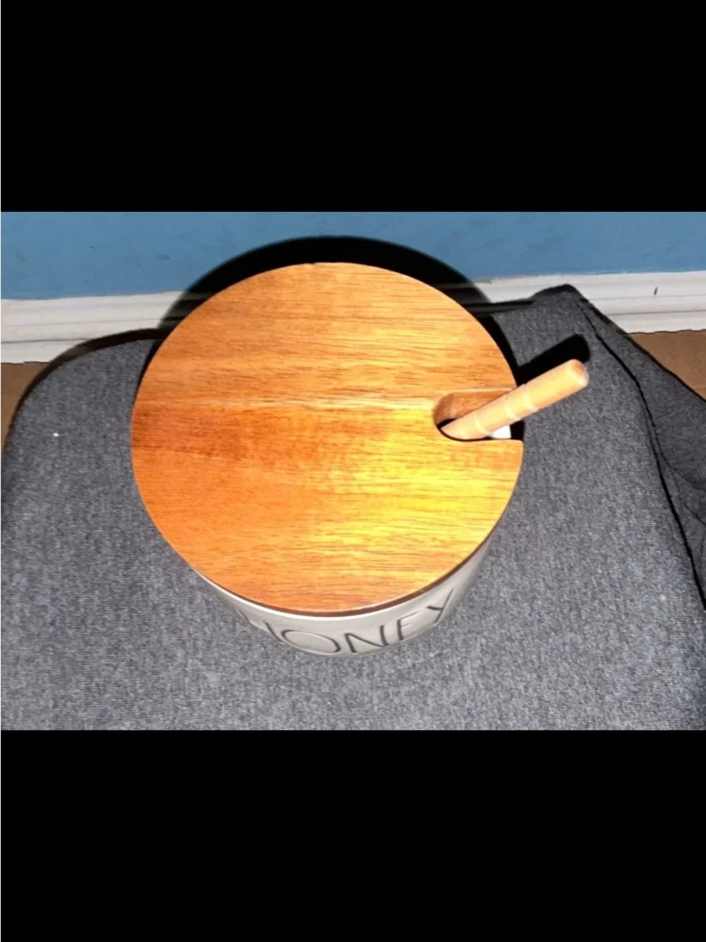 Rae Dunn Cream Ceramic HONEY Jar with Wood Lid and Dipper